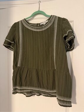 LOFT Olive Green Embroidered Peplum Blouse